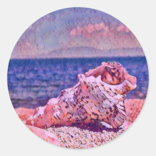 Pink seashell near purple sea watercolor painting classic round sticker