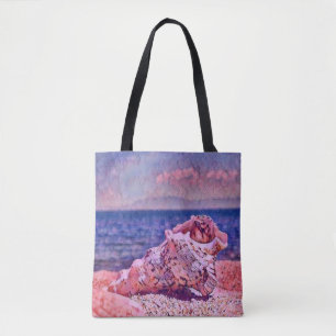 Pink seashell near purple sea watercolor painting tote bag