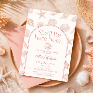 Pink Seashell She'll Be Here Baby Shower Invitation