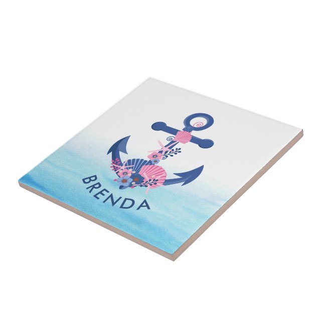 Pink seashells navy-blue nautical anchor tile (Side)