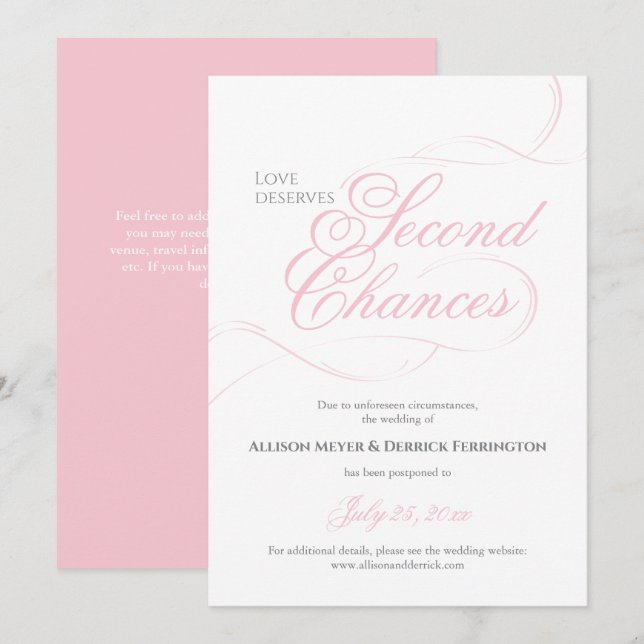 Pink Second Chances Wedding Postponement Invitation (Front/Back)