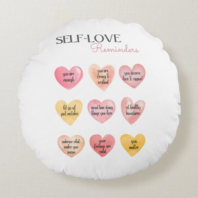 Pink Self-Love Affirmation Hearts Round Pillow (Front)
