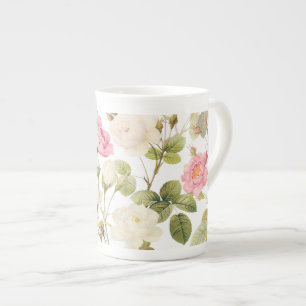 Pink Sepia Vintage Roses Meadow Illustration Bone China Mug