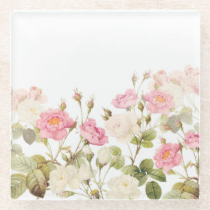 Pink Sepia Vintage Roses Meadow Illustration Glass Coaster