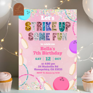 Pink Sequin Glitter Bowling Party Invitation