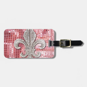 Pink Sequin Sparkle Jewel Fleur De Lis Vintage Luggage Tag