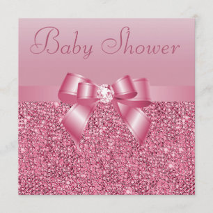 Pink Sequins, Bow & Diamond Baby Shower Invitation