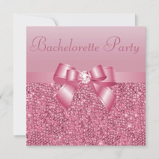 Pink Sequins, Bow & Diamond Bachelorette Party Invitation (Front)
