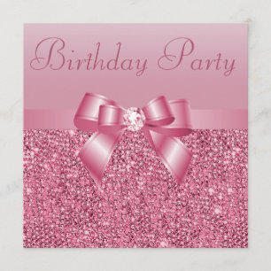 Pink Sequins, Bow & Diamond Birthday Party Invitation