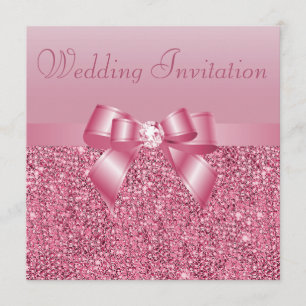 Pink Sequins, Bow & Diamond Wedding Invitation