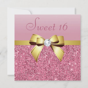 Pink Sequins, Gold Bow & Diamond Sweet 16 Invitation