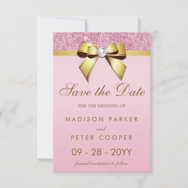 Pink Sequins Gold Bow Save The Date Wedding (Front)