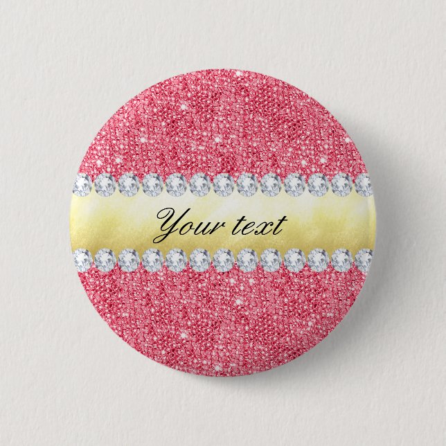 Pink Sequins Gold Foil and Diamonds 2 Inch Round Button (Front)