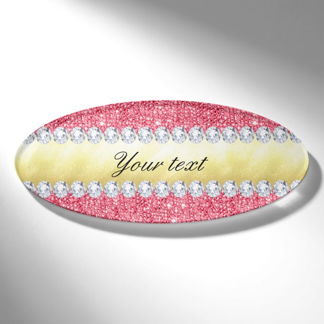 Pink Sequins Gold Foil and Diamonds Name Tag (Front)