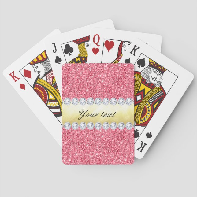 Pink Sequins Gold Foil and Diamonds Playing Cards (Back)