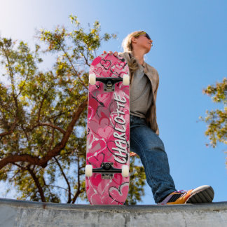Pink Serenity: Playful Graffiti Love Hearts Skateboard