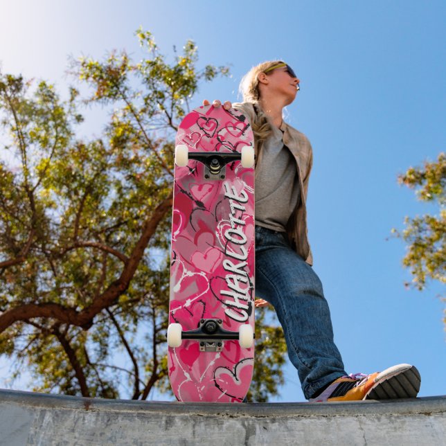Pink Serenity: Playful Graffiti Love Hearts  Skateboard (Outdoor 1)