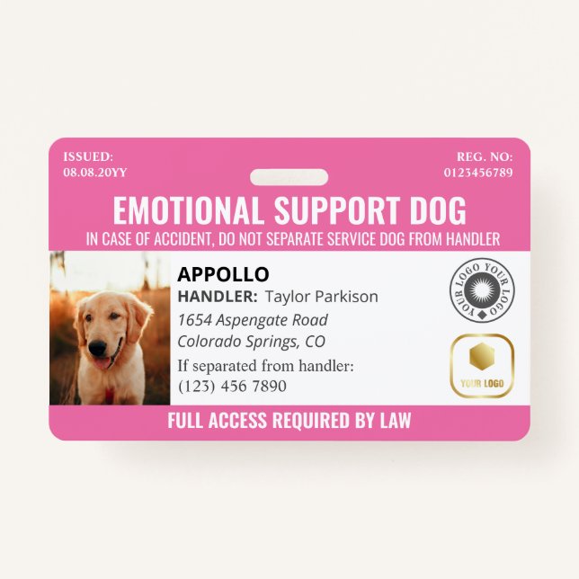 Pink Service Dog 2 Logo & Photo ID Badge (Front)