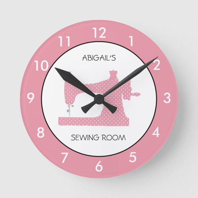 Pink Sewing Room Personalized Round Clock (Front)