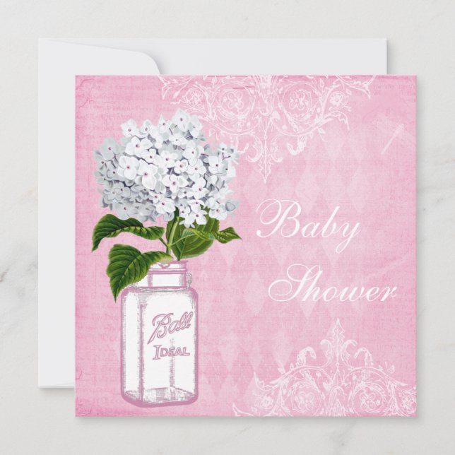 Pink Shabby Chic Mason Jar & Hydrangea Baby Shower Invitation (Front)