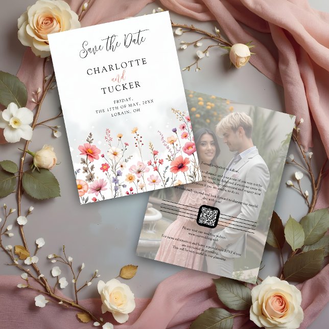 Pink Shades Spring-Inspired Rustic Boho Romantic Save The Date (Pink Shades Spring-Inspired Rustic Boho Romantic Wildflowers Wedding Save the Date Cards QR Code.)