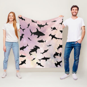 Pink shadow fish shark on gradient galaxy Space Fleece Blanket