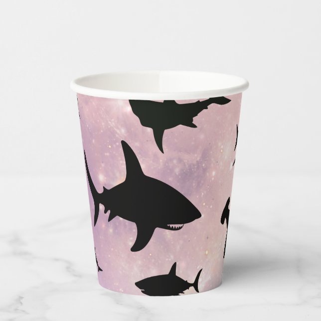Pink shadow fish shark on gradient galaxy Space Paper Cups (Left)