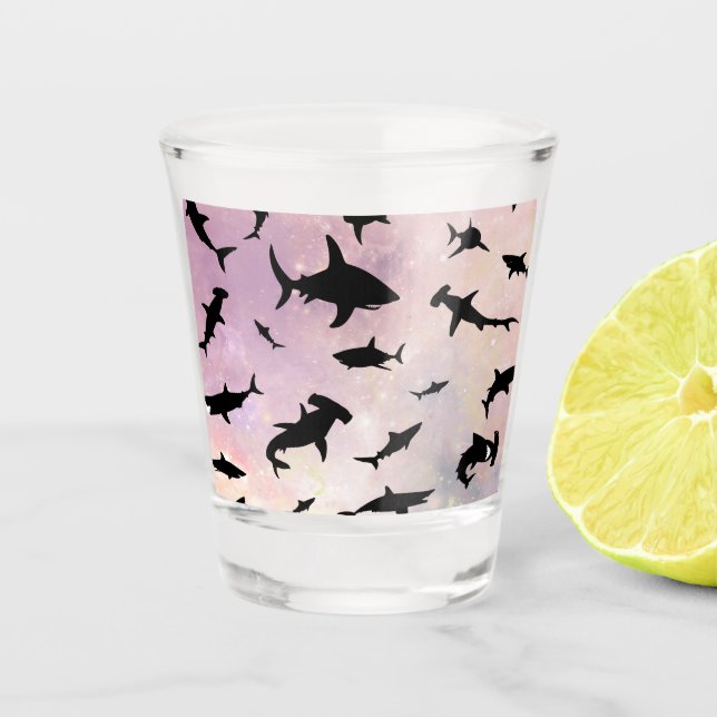 Pink shadow fish shark on gradient galaxy Space Shot Glass (Front)