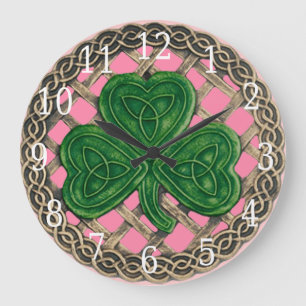 Pink Shamrock And Celtic Knots Round Clock