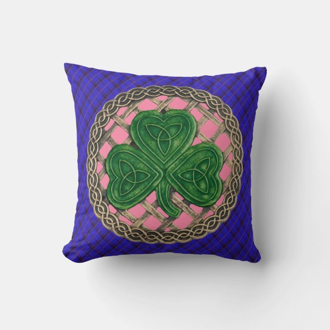Pink Shamrock Celtic Knots On Blue Plaid Throw Pillow (Front)