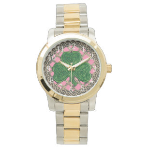 Pink Shamrock On Celtic Knots Watch