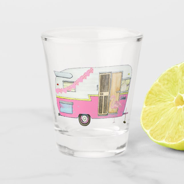 Pink She Shed Camper Trailer Shot Glass (Front)