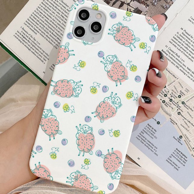 Pink Sheep with Flowers & Berries - Cute Pattern iPhone Case (Creator Uploaded)