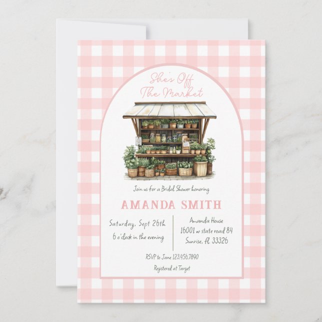 Pink She's Off The Market Gingham Bridal Shower Invitation (Front)
