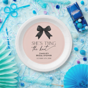 Pink She's Tying The Knot Bow Wedding Paper Plate