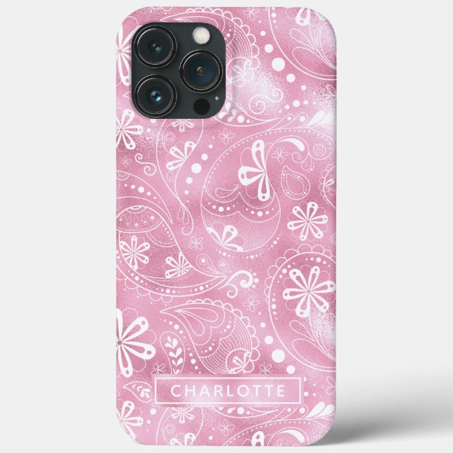 Pink Shimmer Modern Girly Paisley Personalized Case-Mate iPhone Case (Back)