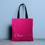 Pink Shimmer White Elegant Calligraphy Script Name Tote Bag<br><div class="desc">Pink Shimmer White Elegant Calligraphy Script Custom Personalized Add Your Own Name Monogram Tote Bag Book Bag features a modern and trendy simple and stylish design with your personalized with your name or initial in elegant hand written calligraphy script typography on a metallic pink shimmer background. Perfect gift for birthday,...</div>