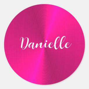 Pink shiny faux metal custom name classic round sticker