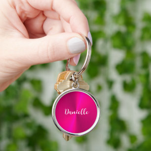 Pink shiny faux metal custom name keychain