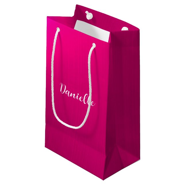 Pink shiny faux metal custom name small gift bag (Front Angled)
