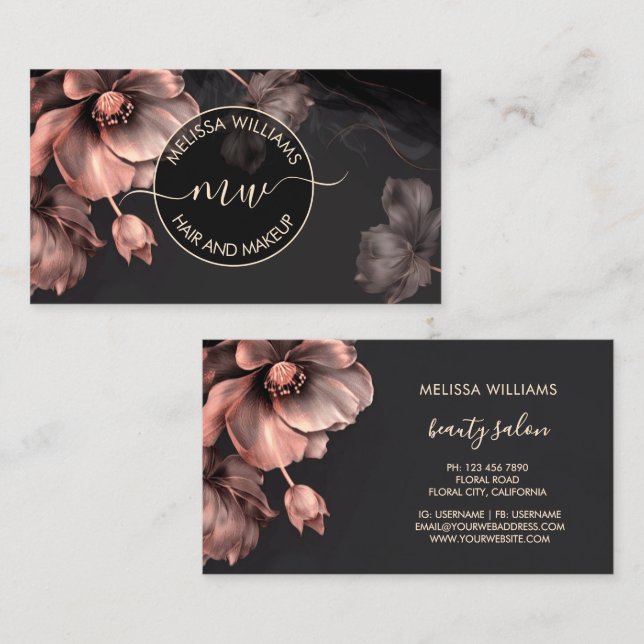 Pink Shiny Flowers Black Logo Business Card (Front/Back)