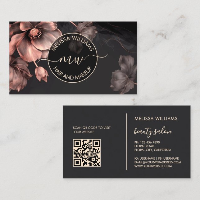 Pink Shiny Flowers Black Logo Business Card (Front/Back)
