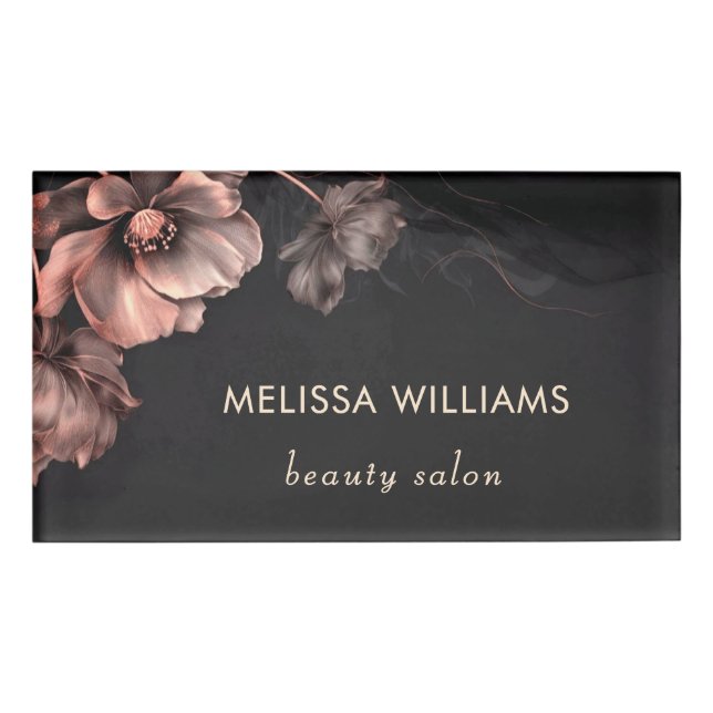 Pink Shiny Flowers Black  Name Tag (Front)