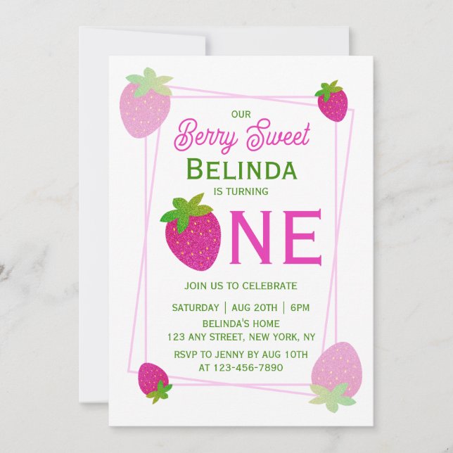 Pink Shiny Glitter Y2K Strawberry 1st Birthday Invitation (Front)