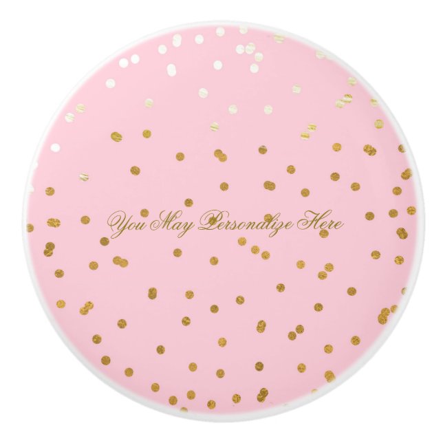 Pink & Shiny Gold Faux Foil Confetti Dots Glam Ceramic Knob (Front)