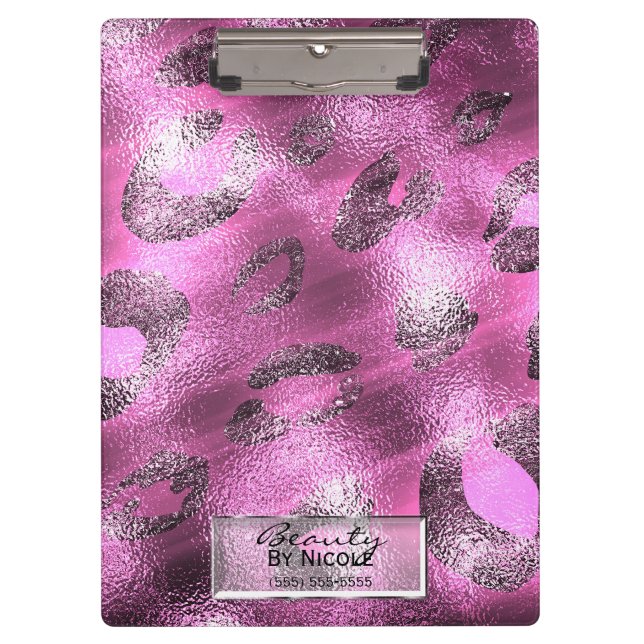 Pink Shiny Leopard Elegant Chic Glam Personalized Clipboard (Front)