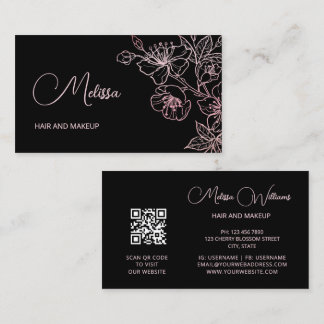 Pink Shiny Metallic Black Floral | QR Code  Business Card