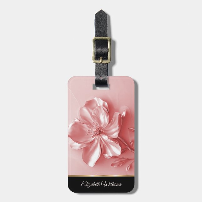  Pink Shiny Metallic Flower Customizable  Luggage Tag (Front Vertical)