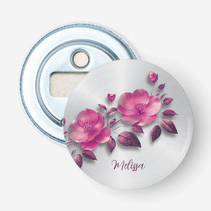 Pink Shiny Metallic Flower Silver Bottle Opener