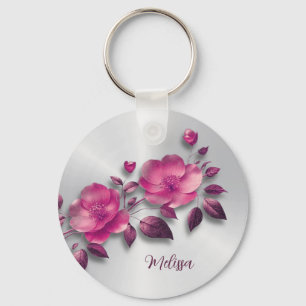 Pink Shiny Metallic Flower Silver Keychain
